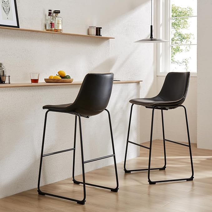 DUMOS 26 Inch Counter Height Bar Stools Set of 2, Modern Faux Leather High Barstools with Back and Metal Leg, Bar Chairs for Kitchen Island, Elegant Black