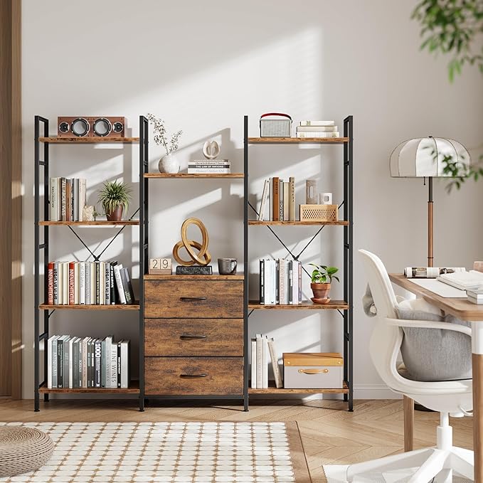 AFLUI Triple Bookshelf with 3 Fabric Drawers, 4-Tier Book Shelf and 10 Display Shelves, Industrial Large Bookcase for Home & Office, Rustic Brown, 59'' Wide