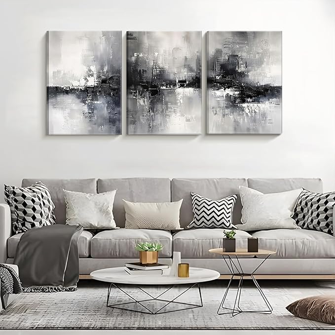 Dytila 3 Piece Large Black And White Abstract Canvas Wall Art for Living Room, Black And Grey Wall Decor, Modern Minimalist Art Print Pictures, Home Artwork - Dining Room Office Framed 12x16 Inch