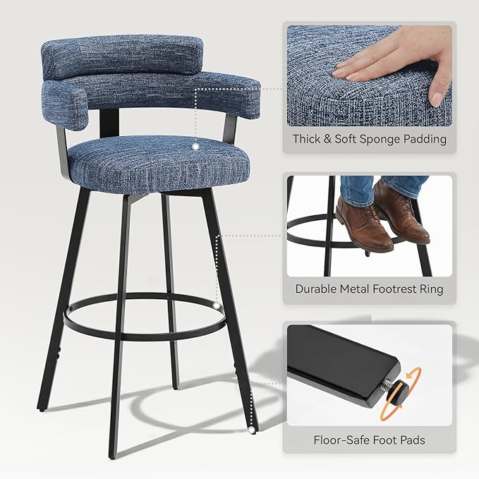 30 Inch Bar Stools Set of 2 with Full Back, Swivel Bar Chairs with Linen Padded Back, Metal Footrest, Modern Bar Height Stools for Kitchen Island, Dining, Living Room, Blue