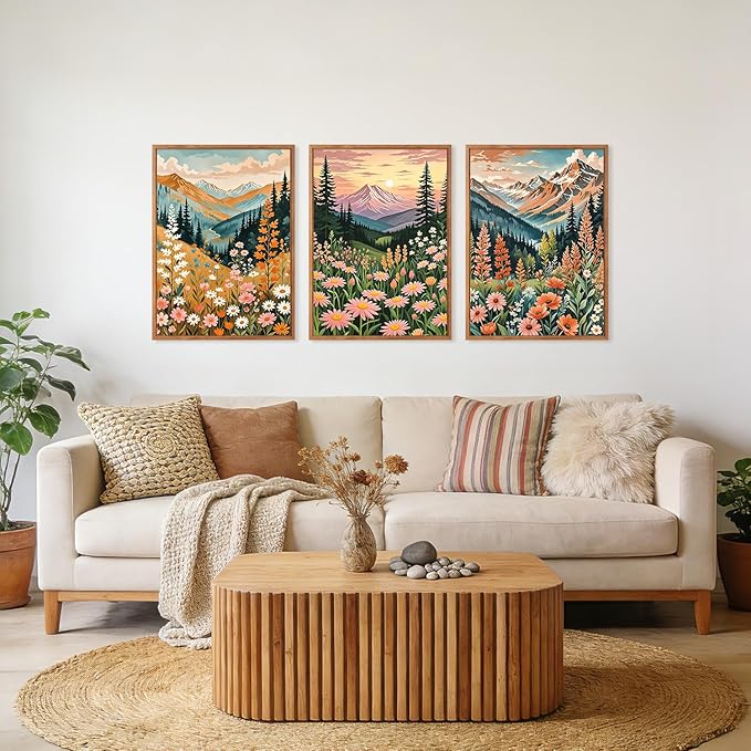 HPINUB Mountain Sunset Floral Framed Canvas Wall Art Set,(Set of 3,12X16 Inch) Colorful Wildflower Daisy Flower Wall Decor,Blossom Botanical Artwork Modern Nature Landscape Art Print for Living Room