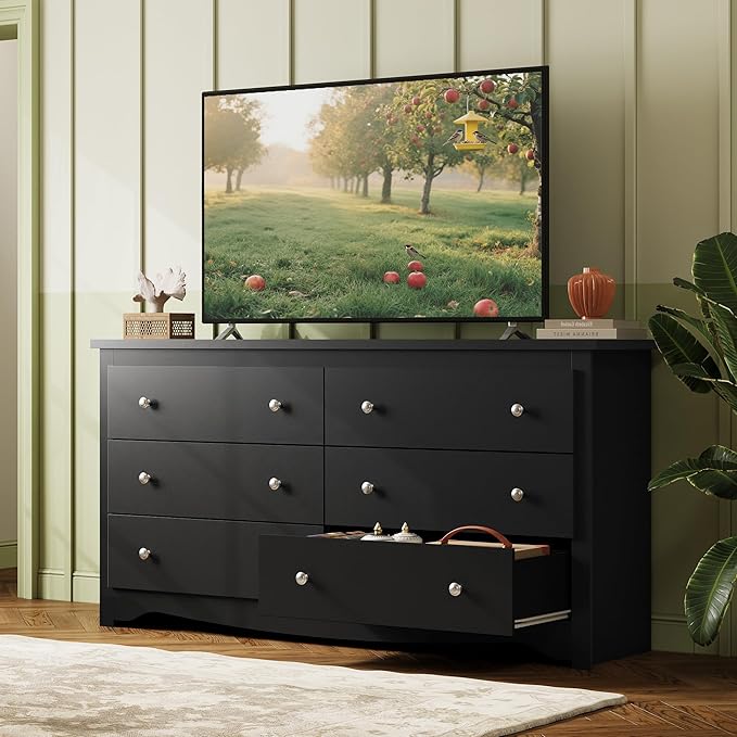 WLIVE Black Wooden Dresser for Bedroom, 6 Drawers Chest of Drawers, 59" Wide Modern Dresser Closet Storage Organizer for Living Room Hallway