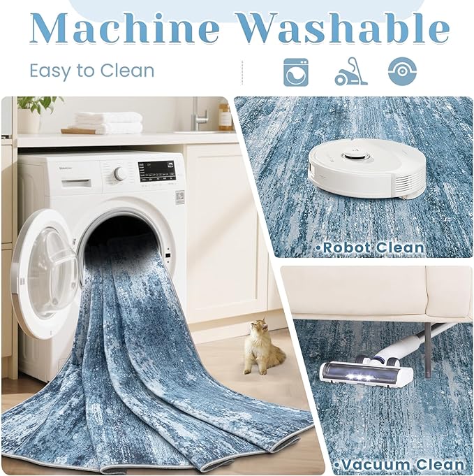 Washable Rug 8x10 Area Rugs for Living Room: Large Neutral Soft Rug Abstract Non Slip Low Pile Modern Carpet for Bedroom Kitchen Nursery Office Dining Room Indoor (Darkblue, 8'x10')