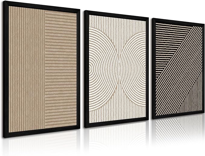 Boho Modern Wall Art Pictures Neutral Abstract Canvas Wall Decor Minimalist Line Wall Art Beige Brown Black Poster Mid Century Painting Artwork for Living Room Bedroom 16x24x3 Inch Wood Framed
