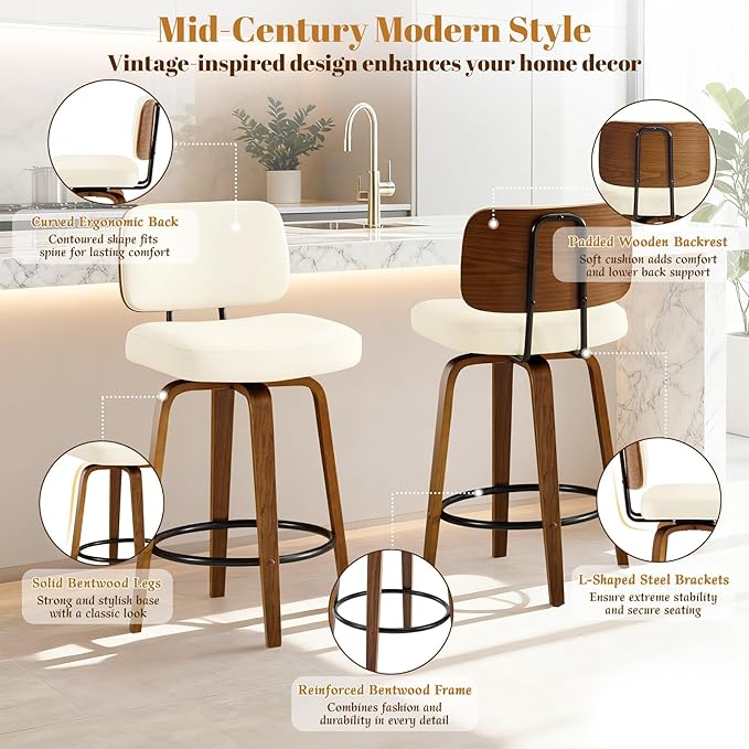 Counter Height Bar Stools Set of 1, 26+inch Swivel Faux Leather Barstool with Back, Upholstered Mid-Century Modern Bar Chairs with Bent Wood Legs for Kitchen Counter, Dining Room, Cream White