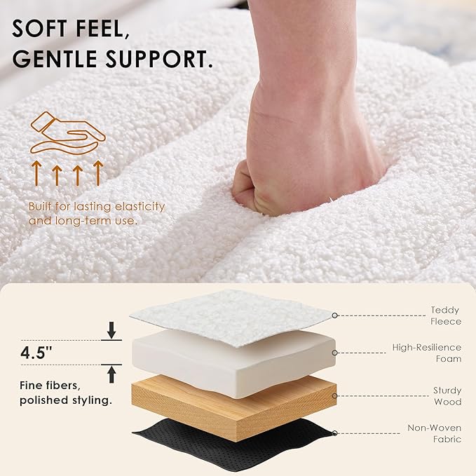 White Teddy Fleece Tufted Ottoman Stool Set of 2, Small Arch Footrest for Couch, Modern Vanity Stool for Makeup Room, Living Room, Entryway, 15.4 x 19.3 x 17.9 Inches, 260lb Capacity
