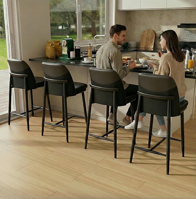 GXJ Bar Stools Set of 4, Upholstered Counter Height Bar Stools, 26 Inch Modern Counter Stools with Back, Textured Leather&Fabric, Metal Legs,Barstools for Kitchen Island Dining Room, Black