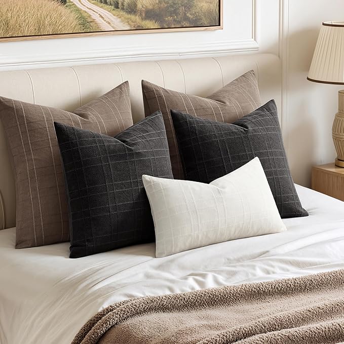 MIULEE Decorative Linen Check Euro Shams Throw Pillow Covers Neutral Farmhouse Vintage Pillow Covers 22x22 Set of 2 Boho Modern Winter Home Decor for Sofa Couch Bedroom Cushion Brown