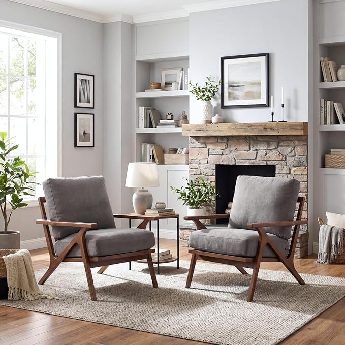 chairus Mid-Century Modern Accent Chair, Comfy Upholstered Lounge Armchair with Removable Cushions & Solid Wood Frame, Reading Chair for Living Room Bedroom Office, Grey Denim Fabric