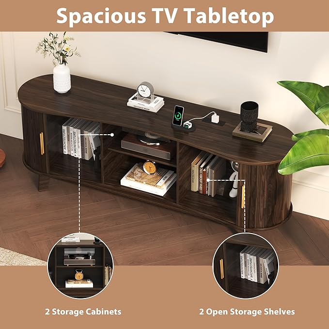 Mid Century Modern TV Stand, Fluted TV Stands with Open Shelves and Sliding Door for 65 Inch TVs, Media Cabinet with Power Outlet, Entertainment Center with Storage for Living Room, Walnut