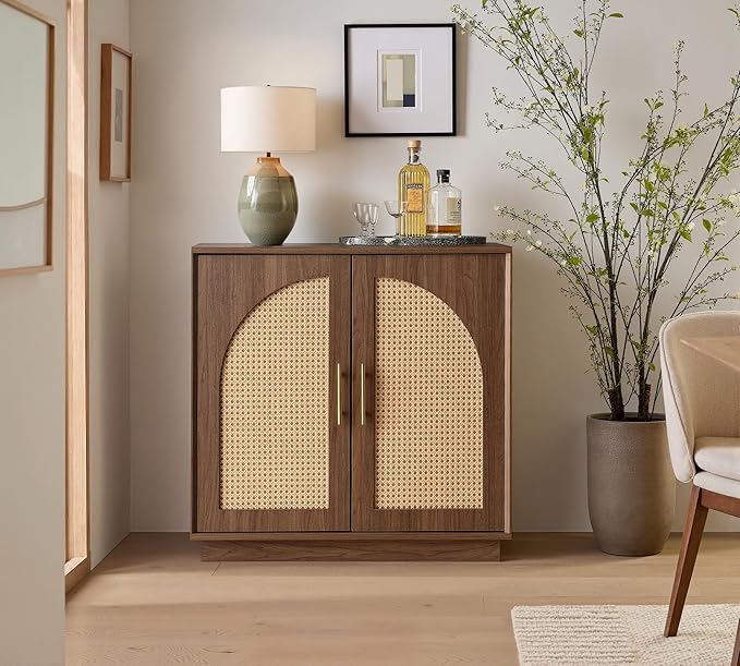 FORTUNETEC Sideboard Buffet Cabinet with Storage, 31.5" Modern Accent Cabinet with Rattan Arched Doors, Modular Media Console, Boho Credenza for Living Room Kitchen Dining Room Entryway, Walnut