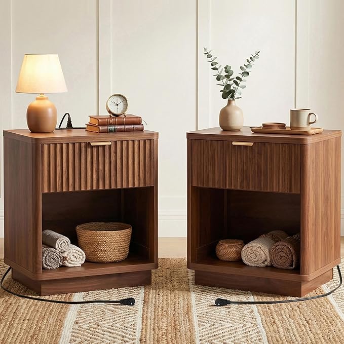 Nasonet Fluted Nightstands Set of 2 with Charging Station, Wooden Bed Side Tables Bedroom Set of 2, Drawers and Open Shelves - Modern End Table for Bedroom, Walnut