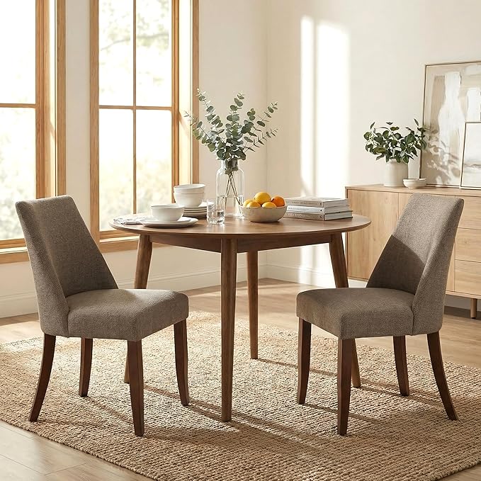 Wooden Dining Chairs Set of 2, Upholstered Farmhouse Fabric Dining Room Chair, Mid Century Kitchen Chair for Restaurant & Cafe, Brown