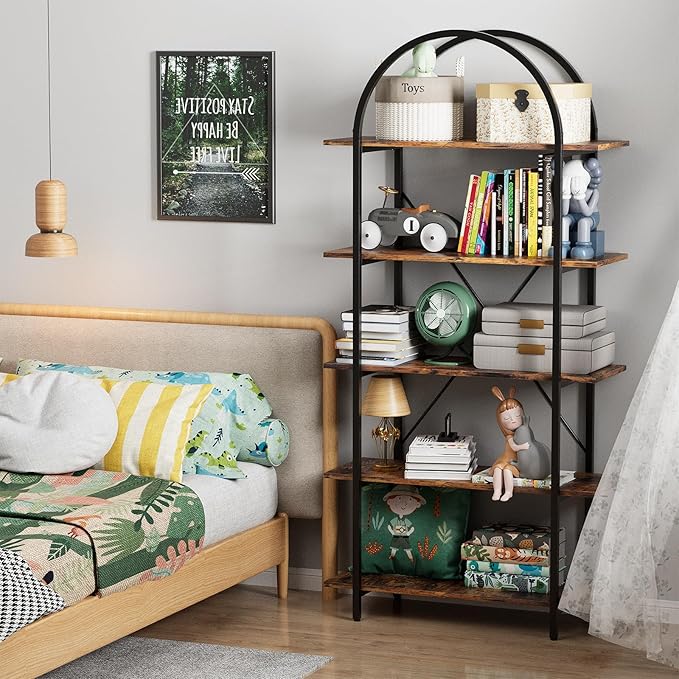 Arbuxzuy Arched Bookshelf 5 Tier Book Shelf, 31.5 Inch Width Industrial Arch Bookcase, Curved Tall Bookshelf with Open Shelves for Home Office, Living Room, Bedroom, Rustic Brown