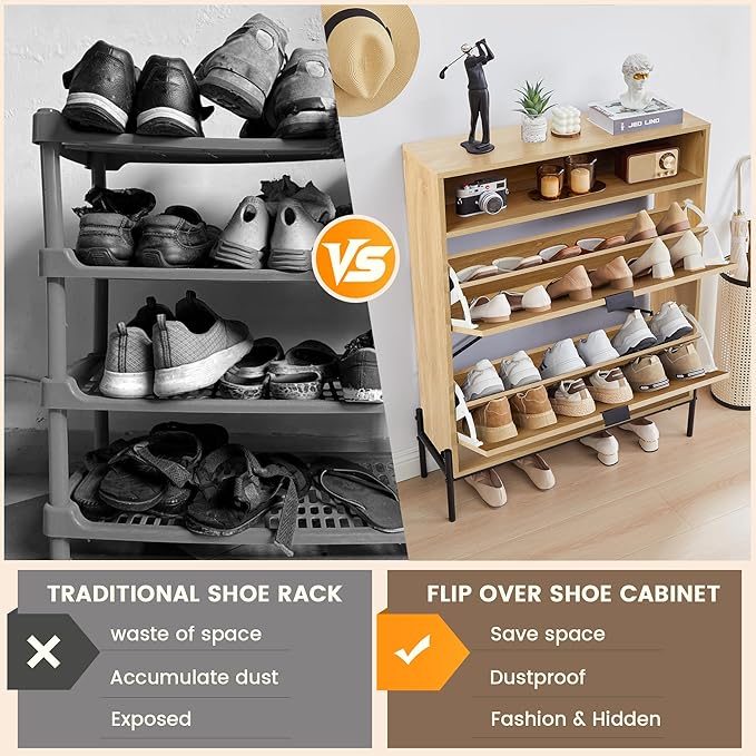 FurSch Fluted Shoe Cabinet with 2 Flip Drawers, Slim Freestanding Hidden Shoe Cabinet Organizer, Narrow Shoes Storage Rack for Entryway (All Natural-2 Drawers, 9.45" D x 31.5" W x 41.93" H)