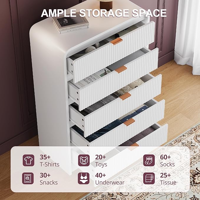 FURSUN Fluted 5 Drawers Dresser for Bedroom, 48" Tall Wooden Modern Dresser with Metal Handle, Curved Profile Design, Storage Organizer for Bedroom, Living Room, Hallway, White