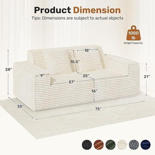 75'' Modern Cloud Loveseat Sofa Set of 2, No Assembly Required Comfy Deep Seat Couches 2 pcs for Living Room, Bedroom, Apartment (Corduroy-Beige)