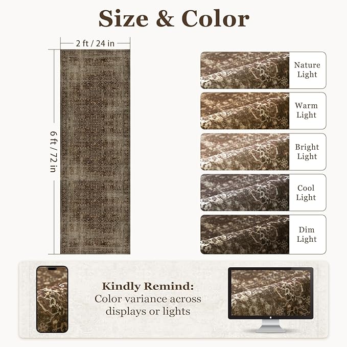 Brown Coffee Hallway Runner Rug 2x6, Dark Earth Tone Kitchen Runners Non Skid Washable 6ft, Aesthetic Distressed Carpet Floor Runners for Entryway Indoor Bedroom Bathroom, Vintage Warm Brown