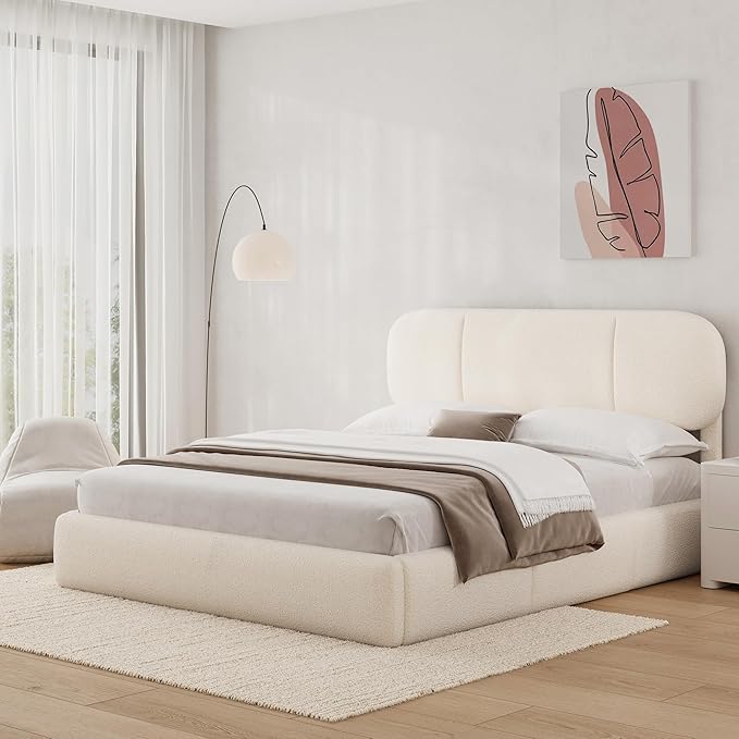Queen Size Bed Frame with Storage, Boucle Cloud Bed with 4 Locking Drawers & LED Lights, Modern Upholstered Platform Bed, Plush Sides & Footboard, Adjustable Headboard, No Box Spring, Beige