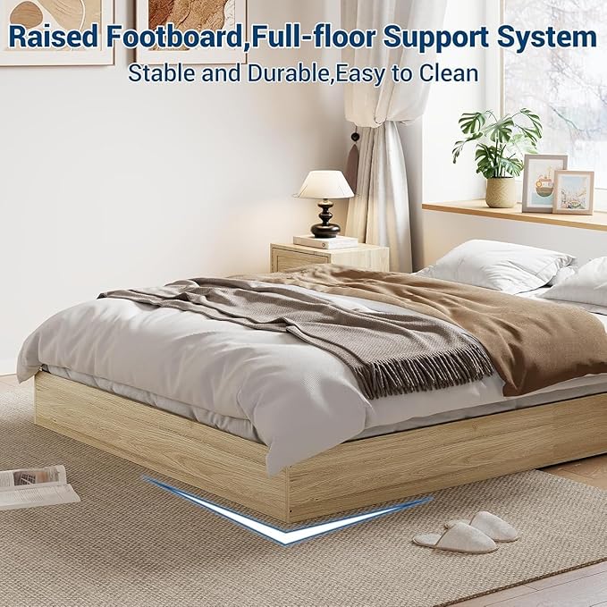 California King Size Solid Wood Platform Bed with Sturdy Wooden Slats, Floor-Standing Bed Frame, Modern Minimalist Design Bed Frame, No Box Spring Needed, Space Saver, Easy Assembly, Golden Tan Wood