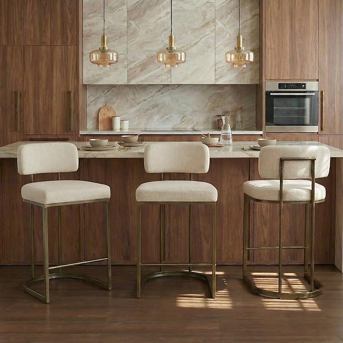 26" H Counter Height Bar Stools Set of 4, Modern Linen Fabric Upholstered Barstools with Backrest for Kitchen Island, Gold Metal Frames, Linen