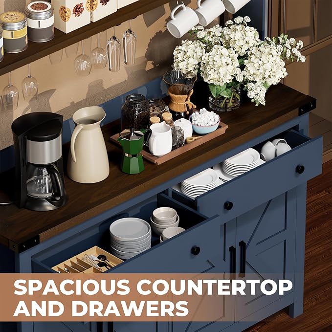 VVFLU Hutch Storage Buffet Cabinet with Drawers, and Charging Station, Coffee Bar Cabinet with Barn Doors, Wine Rack and Hooks, Blue Wood Sideboard Buffet for Kitchen, Dining Room, 54.1" High