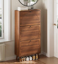 Fsbecl Shoe Storage Cabinet for Entryway with 3 Flip Drawers, Narrow Shoe Organizer with Fluted Panel, Freestanding Wood Hidden Shoe Cabinet for Hallway (Walnut, 23.6''W, Double Layer)