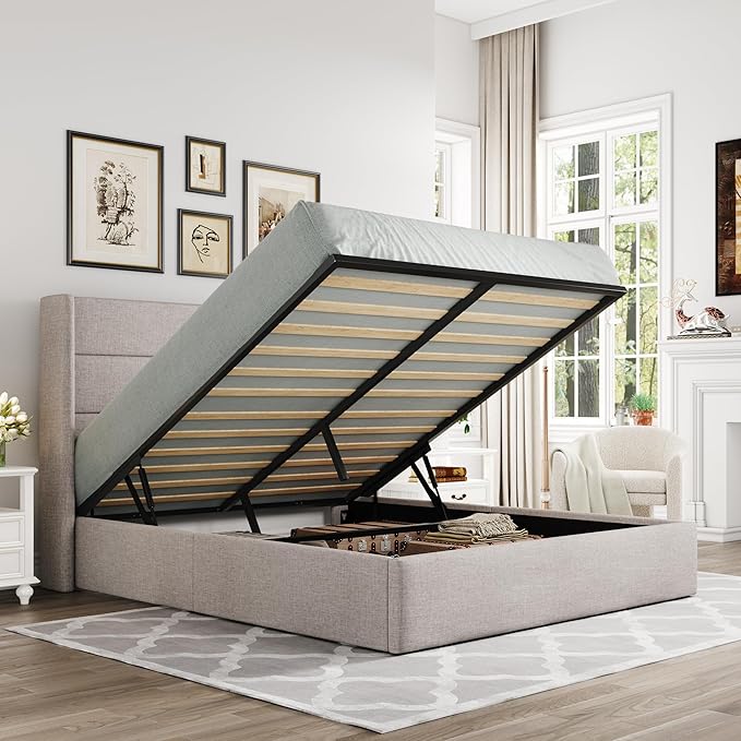 Allewie Full Size Lift Up Storage Bed, Modern Wingback Headboard, Hydraulic Support, No Box Spring Needed, Light Beige