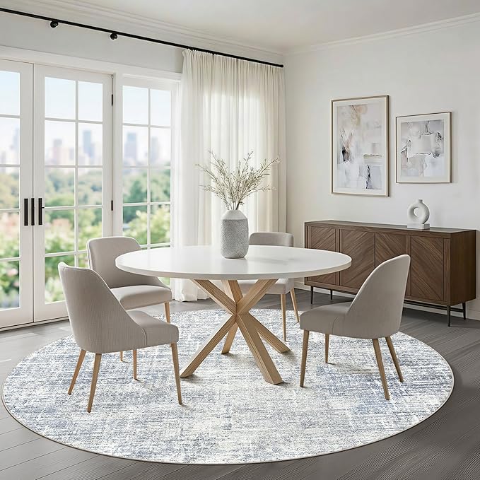 7ft Round Rug Living Room: 7x7 Washable Large Neutral Blue Circle Area Rug Abstract Soft Modern Stain Resistant Indoor Floor Non-Slip Carpet for Bedroom Nursery Kids Office Playroom Dining Room