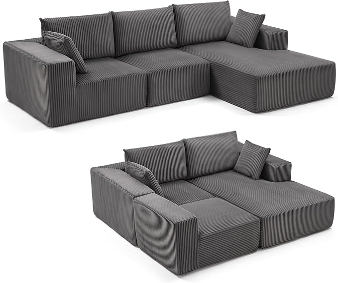 Weture 108” Modular Sectional Sofa, Cloud Sectional Couch with Deep Seat, Modern Modular L-Shape Sofa with Chaise,Upholstered Boneless Couches for Living Room Bedroom (Corduroy, Darkgrey)