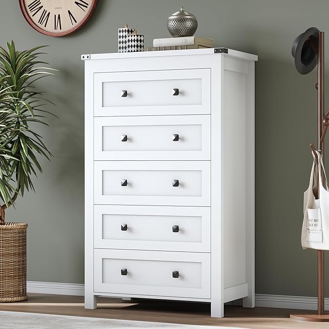 BORNOON Tall 5-Drawer Dresser, Modern Wooden Storage Chest of Drawers, Dresser TV Stand, Wood Drawer Organizer with Metal Handles for Bedroom, Living Room, Hallway