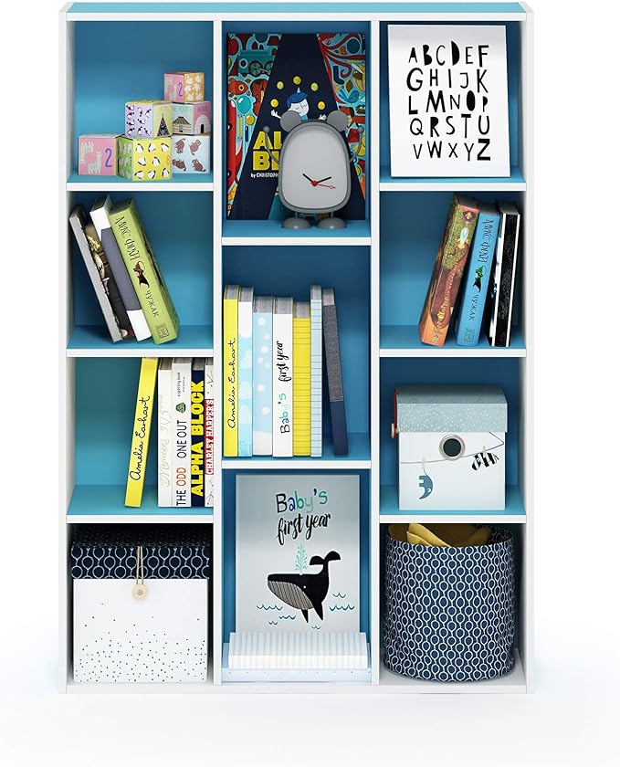Furinno LUDER Book Shelf, 11-Cube Bookshelf, Reversible Bookcase, 9.4 x 29.1 x 41.7, Easy Assembly, for Living Room, Bedroom, Home Office, White/Light Blue