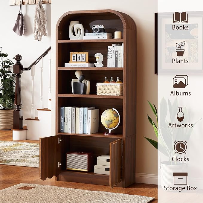 70" Tall Arched Bookshelf with Storage Cabinet Set of 2, Modern 4-Tier Wood Bookcase with Scalloped Doors & Gold Handles, Open Display Shelves for Living Room, Bedroom, or Home Study Office (Walnut)
