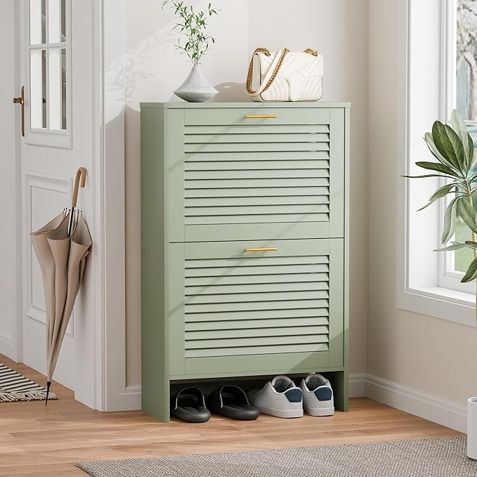 Shoe Cabinet Storage, Hidden Shoe Organizer, Modern Freestanding Organizer with 2 Flip Drawers Louvered Shoe Cabinet for Entryway (Green, 2 Drawers)
