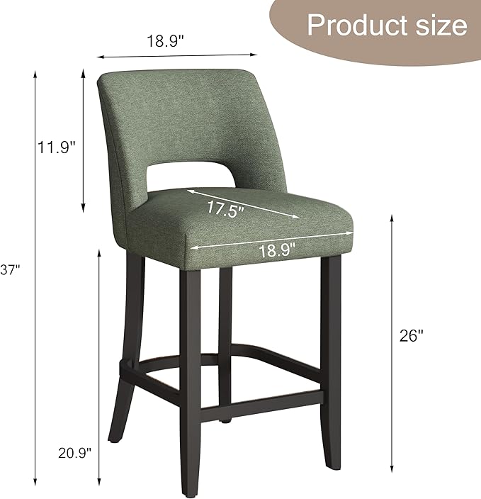 VKNOW Bar Stools Set of 4, 26" Upholstered Counter Height Bar Stools, Modern Counter Stools with Black Legs for Kitchen Island Dining Room Bar, Green-Black Legs