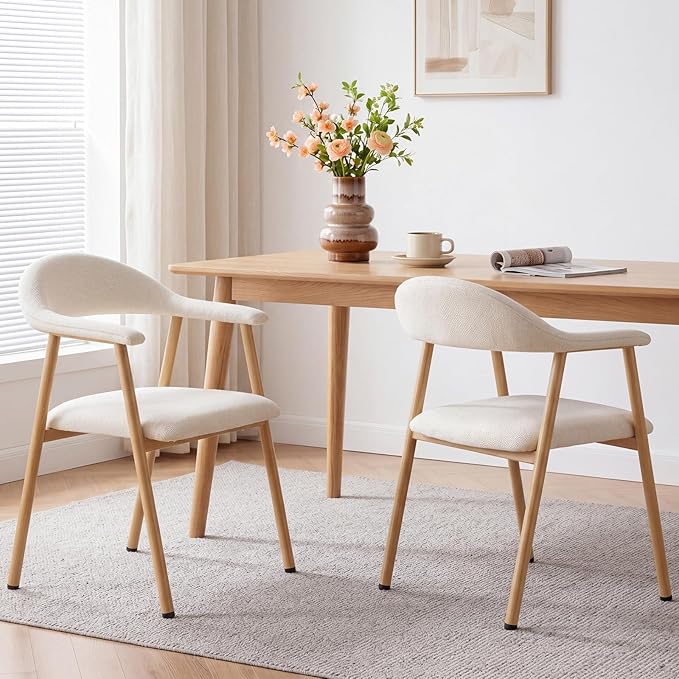 DUMOS Set of 2 Beige Linen Fabric Upholstered Dining Chairs, Modern Farmhouse Kitchen Side Chairs with Curved Backrest and Metal Legs, Accent Chairs for Dining Room, Restaurant, Cafe