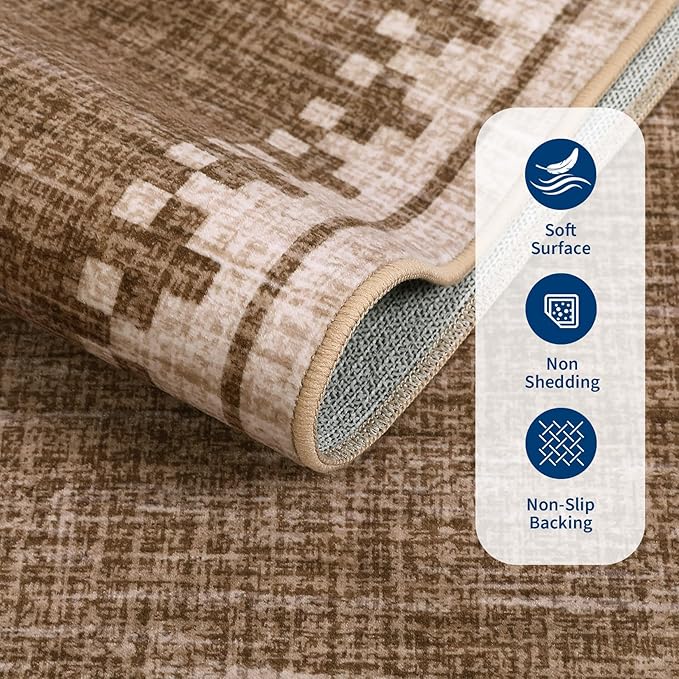 GarveeHome 5x7 Area Rug Washable Living Room Non Slip Modern Border Large Bedroom Throw Carpet Soft Stain Resistant Geometric Dining Room Rug Low Pile Cross Carpets for Nursery Dorm Home Office, Brown