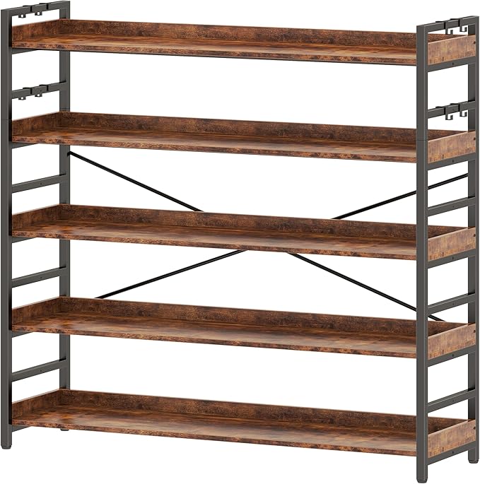 HCHQHS 5 Tier Bookshelf, Adjustable Industrial Bookcase, Vertical Tall Book Shelf, Wood and Black Metal Open Bookshelves for Home Office, Living Room, Bedroom