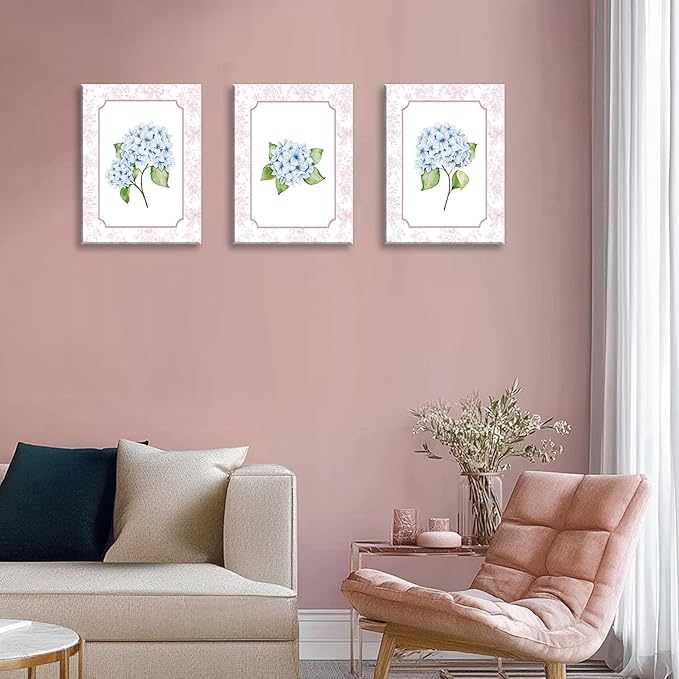 Blue Hydrangea Wall Art Set of 3, Preppy Blue Hydrangea Canvas Prints Poster Picture, Floral Aesthetic Wall Decor for Teen Girls Bedroom Dorm Apartment 16x24 Inch Framed