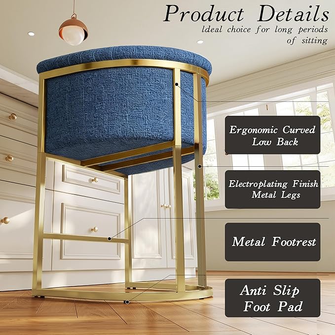 26" Modern Counter Height Bar Stools,Accent Barstools with Arms,Kitchen Island Chairs,PU Leather Upholstered Barrel Bar stools with Backs,Mirror Champagne Gold Base/Blue Linen