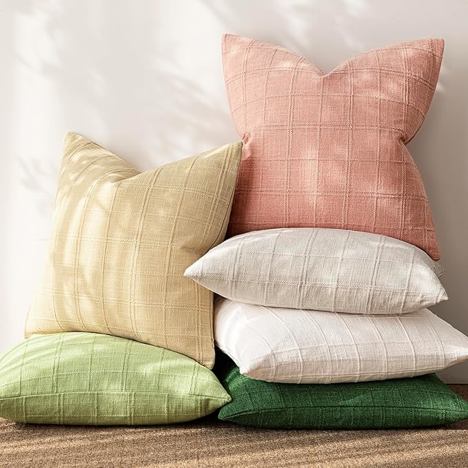 Foindtower Set of 2 Decorative Linen Check Throw Pillow Covers Neutral Farmhouse Vintage Cushion Covers Modern Boho Accent Home Decor for Sofa Chair Couch Bedroom Living Room,24×24 Inch,Coral Pink