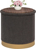 B FSOBEIIALEO Ottoman with Stroage, Round Boucle Storage Ottoman with Gold Plating Base,Foot Rest Stool for Dorm Room, Living Room Dark Grey, 16.73"x16.73"x17.72"