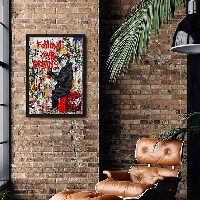 Banksy Canvas Wall Art Monkey Follow Your Dreams Street Graffiti Wall Art Banksy Prints Gorilla Poster Monkey Artwork Graffiti Pictures Painting for Home Living Room Decor 16x24 Inch Black Framed