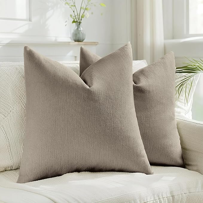 HAUSSY Coffee Throw Pillow Covers 20x20 Inch Set of 2,Boho Decorative Faux Linen Throw Pillows Cozy Farmhouse Accent Cushion Covers,Home Decor for Couch Sofa Bed Living Room