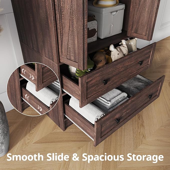 Maupvit Farmhouse Armoire with 2 Folding Sliding Barn Doors and Drawers 70.9" Tall Wooden Bedroom Wardrobe Closet with Spacious Storage Cabinet with Hanging Rod for Bedroom, Dark Brown