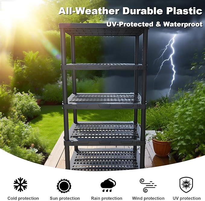 Plastic Storage Shelves, 4/5 Shelving Unit, Heavy Duty Storage Rack, 72.44''H, Plastic Shelf Rack, Adjustable Utility Shelf for Basement, Kitchen, Bathroom, Garage,PP, Waterproof