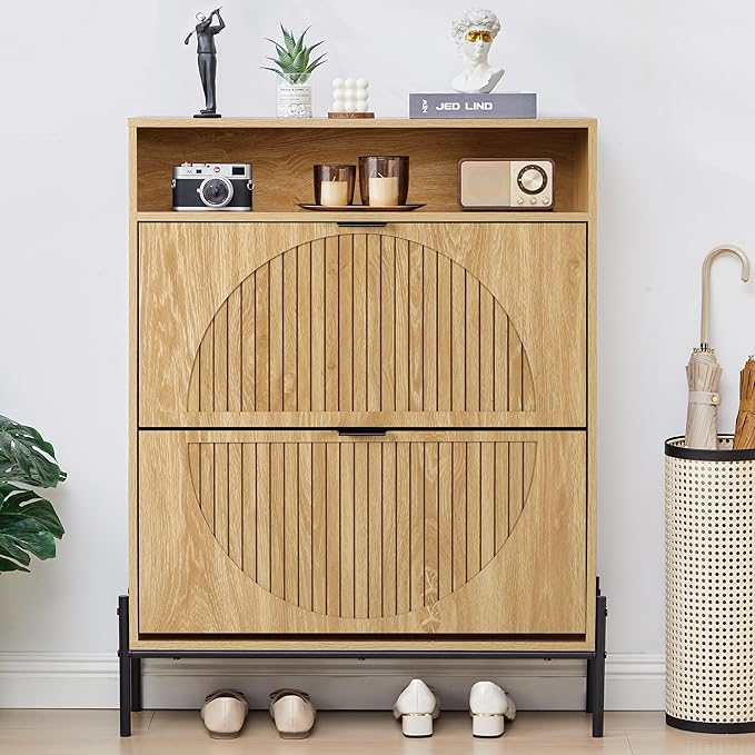 FurSch Fluted Shoe Cabinet with 2 Flip Drawers, Slim Freestanding Hidden Shoe Cabinet Organizer, Narrow Shoes Storage Rack for Entryway (All Natural-2 Drawers, 9.45" D x 31.5" W x 41.93" H)