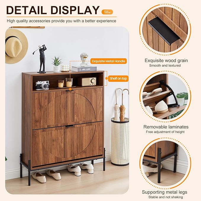 FurSch Fluted Shoe Cabinet with 2 Flip Drawers, Slim Freestanding Hidden Shoe Cabinet Organizer, Narrow Shoes Storage Rack for Entryway (All Walnut-2 Drawers, 9.45" D x 31.5" W x 41.93" H)