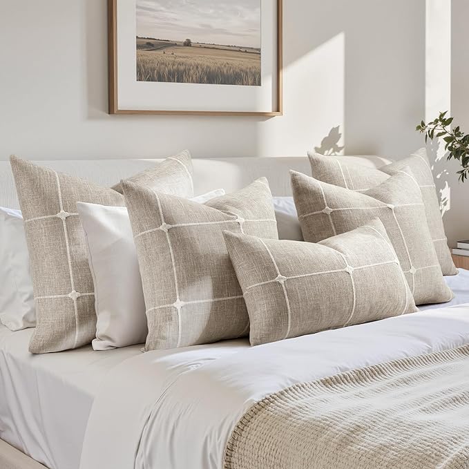 HOMEIDEAS Decorative Plaid Throw Pillow Covers 20x12 Set of 2, Tan Farmhouse Pillow Covers, Neutral Faux Linen Cushion Covers for Couch Sofa Bed Home Decor