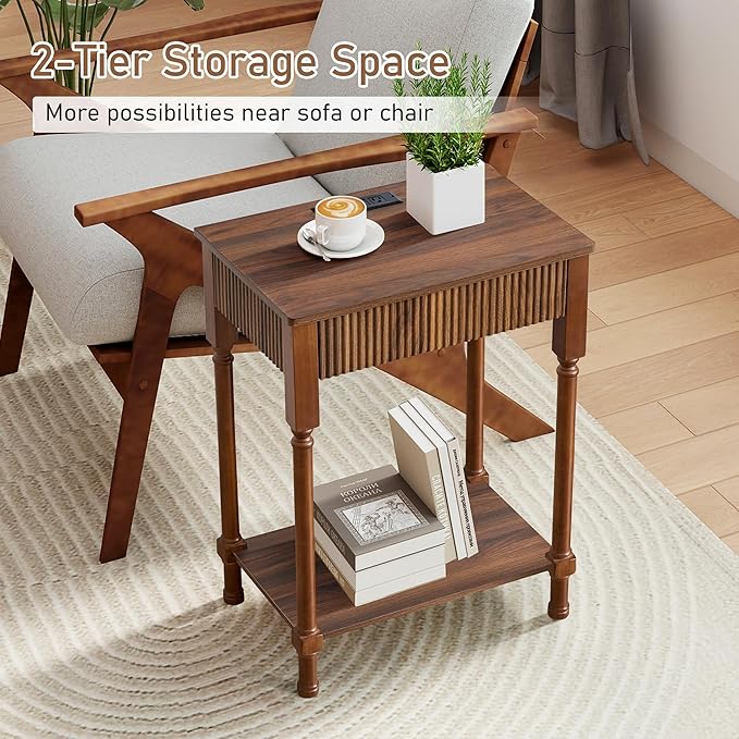 Night Stand Set of 2,Fluted Nightstand with Charging Station, 23.6” Large Bed Side Table End Table with Drawer,Modern Mid Century Wooden Night Stands Bedside for Bedroom Living Room Sofa Office,Walnut